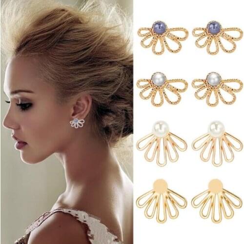 Ey1146 European Trendy Vintage gray pearl geometry Hollow horseshoe earrings Rear hanging smooth pearl earrings female jewelry