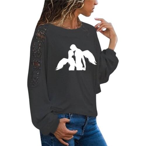 European-Style Angel T Shirt Women Long Sleeve O-Neck T-shirt Woman Clothing Tops Girl Casual Loose Lace Top Tees