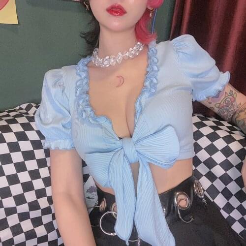 Japanese Kawaii Sweet Girl Blue T-shirt Summer New Style Bow Ruffled Sweet Puff Sleeve Women Tops Tees Harajuku Woman Tshirts