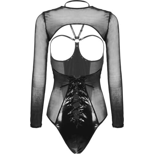 HOT Erotic Womens One-piece Halter Cupless Open Back Lace-up Crotchless Teddy Bodysuit With Long Sleeves Mesh Shug Tops
