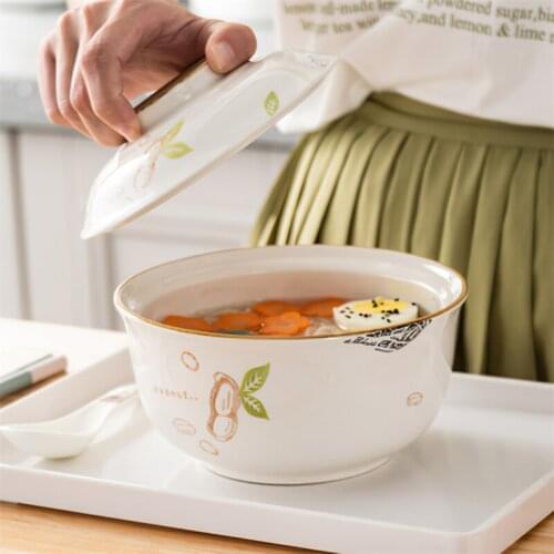 Ceramic Big Soup Bowl with Lid Japanese Round Soup Pot Tableware Household Kitchen Supplies Salad Instant Noodle Bowl Small