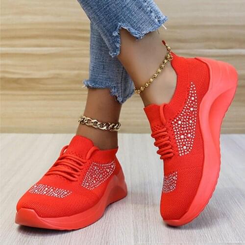 Lucyever 2021 Autumn Breathable Mesh Casual Shoes Women Crystal Knitting Platform Sneakers Woman Plus Size Ladies Sports Shoes