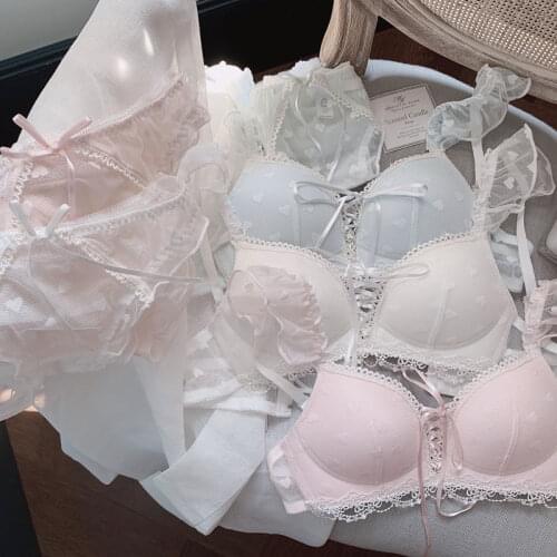 Cute Lolita Underwear Women Girls Lace Pink Butterfly Lingerie See Through Bra and Panty Set Kawaii Cup Lace Up Clothes New 2021