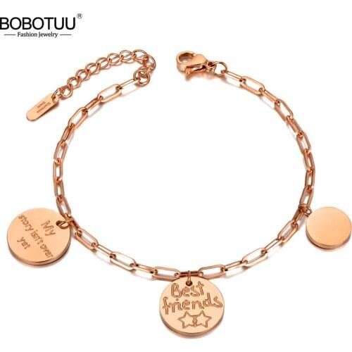 BOBOTUU Trendy Best Friends Charm Party Bracelet Bangle Titanium Stainless Steel Bohemia Chain Link Bracelets For Women BB20176