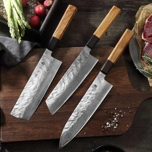 3PCS Pro Kitchen Knife Sets Japanese forged Damascus Steel Chef Cleaver Utility Knives Stainless Steel Olive wood handle
