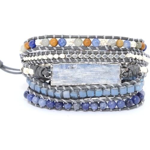 Natural Blue Boho Bracelet Natural Stones Charm 5 Strands Wrap Bracelets Handmade Jewelry Dropshipping Bracelets for Women