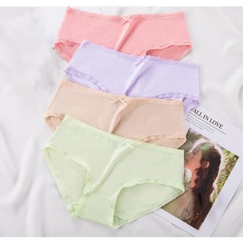 New 3Pcs/lot Seamless Panties Womens Sexy Lace Thong Ice Silk Solid Lingerie Lovely Bow Nylon Briefs Girls Low Rise Underwear