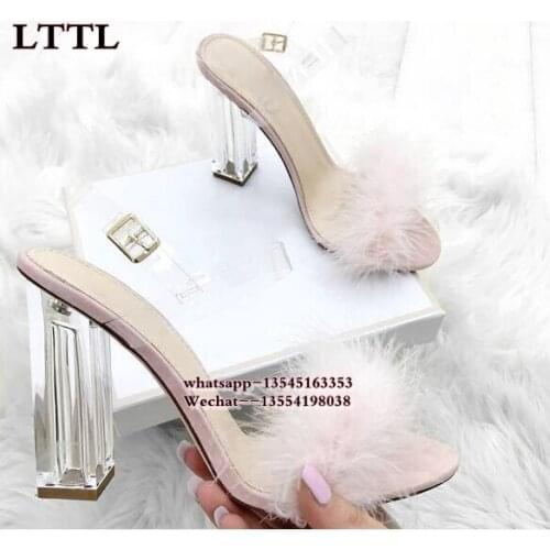 Newest Sexy Clear Gladiator Sandals Woman Peep Toe PVC Transparent Fur Leather Buckle Strap High Heel Shoes Sandals For Women