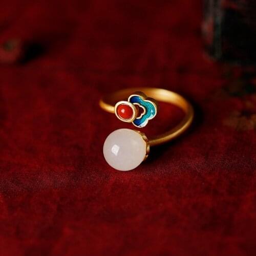 New Product 925 Sterling Silver Original Design Ancient Gold Natural Hetian Jade Enamel Female Chinese Open Ring Jewelry Gift