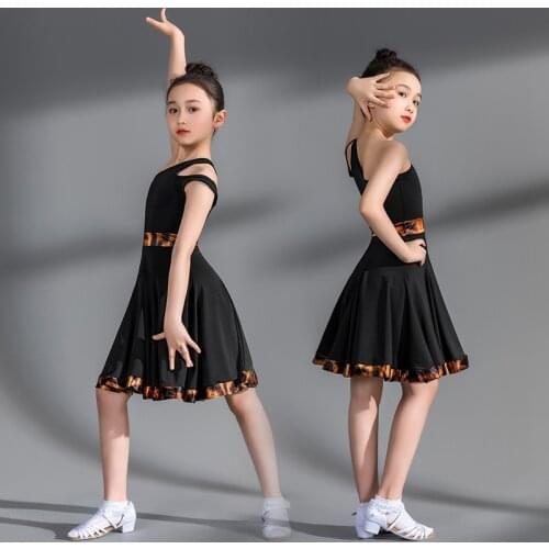 2021 Hot New Children Summer Latin Dance Dress One-shoulder Leopard Print Sling Performance Grading Training Clothes Stage Wear