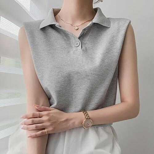 Casual Turn-Down Collar Women T Shirt Loose Sleeveless Shoulder Pads Female T-shirts Summer Tops Button Cotton Tee Shirt Femme