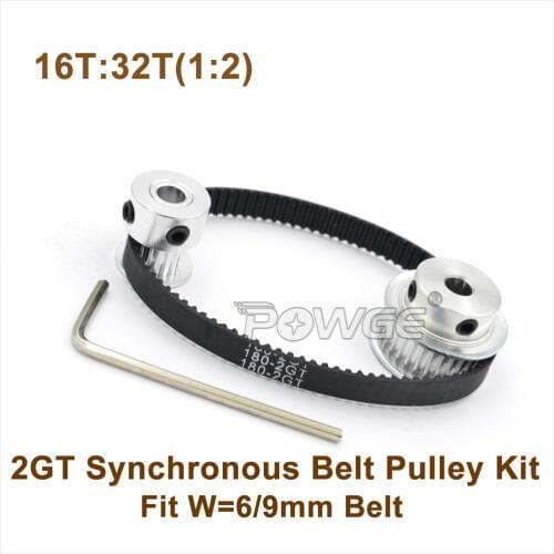 POWGE 16 Teeth 32 Teeth GT2 Timing Belt Pulley Kit 1:2 Speed Ratio 16T:32T 2M/2GT Reduction Pulley For W=6/9mm 180-2GT Belt