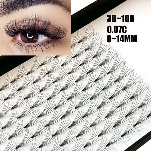 12 Lines 3D~10D Russian Premade Volume Fans Eyelashes Extension C Curl 0.07 Thickness Heat Bonded Eyelashes Makeup Tools