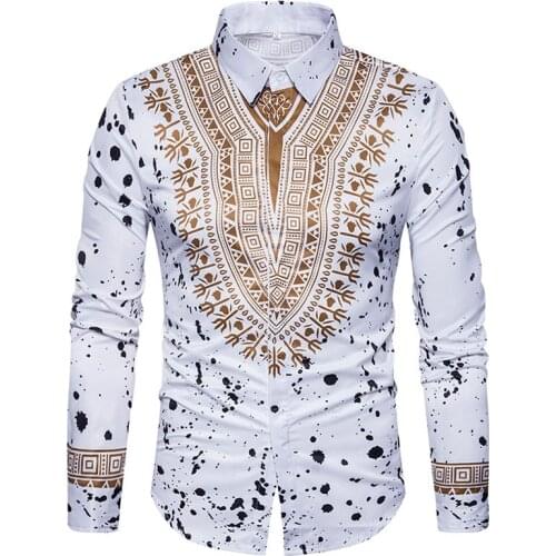 Richkeda Store New 2021 3D Print Shirt Men Traditional African Dashiki Men Shirt Long Sleeve Slim Fit Casual Mens Dress Shirts