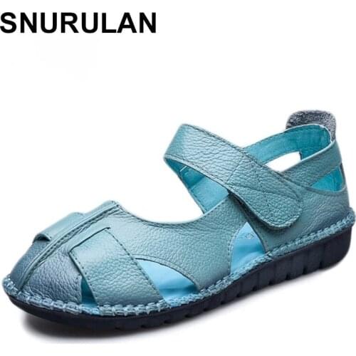 SNURULAN Sandals Woman Shoes Handmade Leather Comfortable Soft Bottom Flower Leather Noble Dignified Sandals Women Summer Shoes
