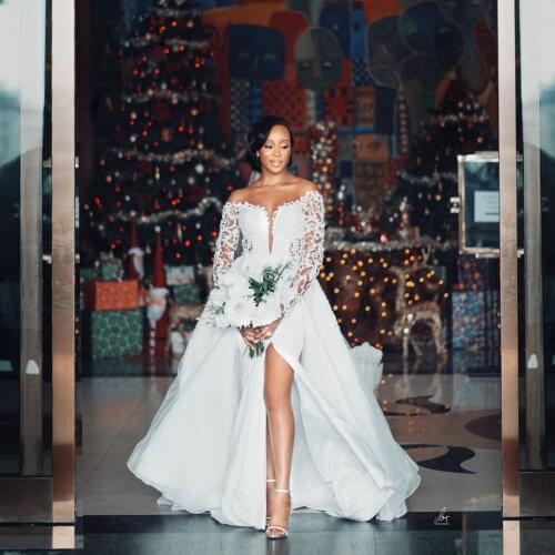 African Long Sleeves Wedding Dresses Detachable Train Lace Appliqued Bead Plus Size Wedding Gowns High Split Vestidos De Novia