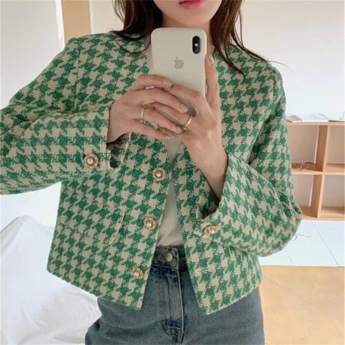 HziriP Retro Tweed Pearl Button Loose Coat Houndstooth Autumn 2021 Women High Waist Jackets Femme New Plus Size S-L Slim-Fit