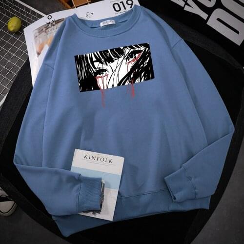 Girl Bloody Tear Printed Hoody Men Cartoons Soft Sweatshirt Harajuku Warm Hooded Fashion Oversized Fleece Streetwear male