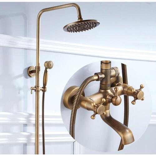 Bathroom Retro antique copper Brass Shower Set Wall Mounted Phone Handheld Mixer Tap Faucet 3-functions Mixer Valve