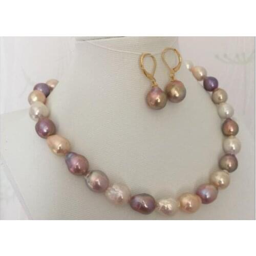 Gorgeous set of 12-13mm south sea baroque multicolor pearl necklace &earring 925silver