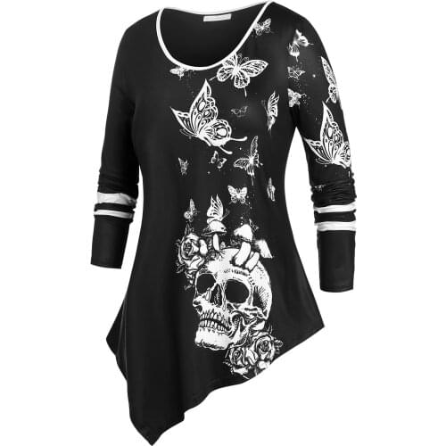 Plus Size Butterfly Skull Print Irregular T-shirt Hypotenuse Design Full Sleeve Female Tops Halloween Shirt Women