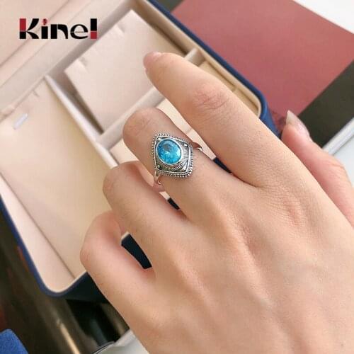Kinel Vintage Style Women Ring 100% 925 Sterling Silver Blue Zircon Wedding Rings Four Polygon Ring Engagement Jewelry
