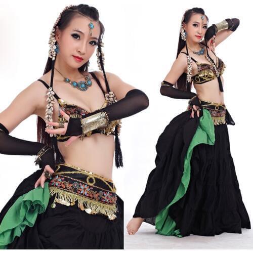 ATS 2016 Tribal Belly Dance Clothes for Women 4 Pieces Outfit Set Antique Bronze Beads Bra Belt Skirts Gypsy Dance Costumes