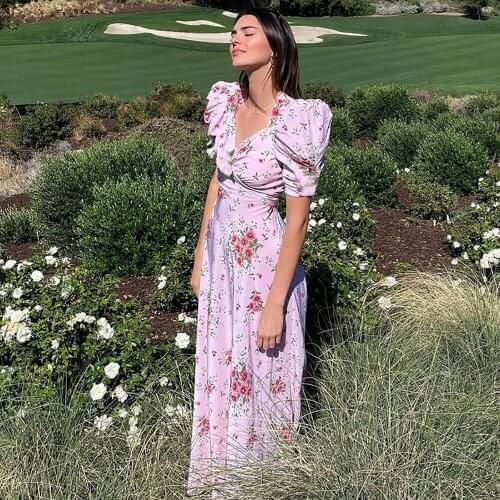 Women Summer Long Dress Sexy Floral Print V-Neck Floor Length Dress Short Puff Sleeve Vintage Chic Dress Elegant Maxi Long Dress