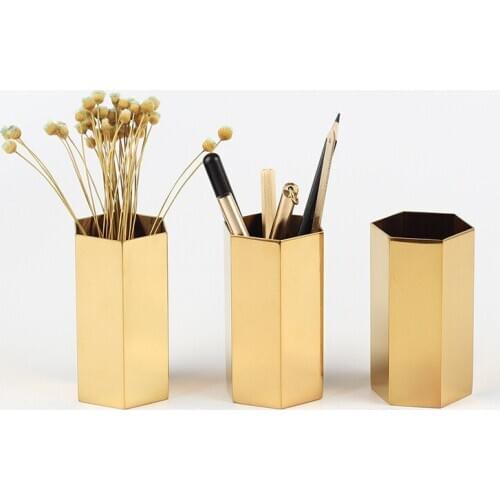 20pcs Golden Hexagon Pen Holder Dry Flower Metal Vase Office Desktop Stationery Organizer Jar Ins Stainless Steel Storage Jar