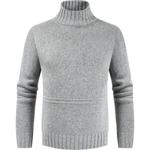 2019 Autumn Winter Mens Solid High Collar Sweater Fashion Casual Knitting Quality Long Sleeve Slim Fit Soft Sweater Tops Men