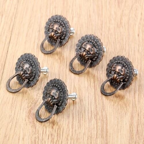 50Pcs 29*37mm Red Bronze Furniture Handles Lion Head Vintage Cabinet Knobs & Handles Cupboard Drawer Door Pulls Ring Handle Knob