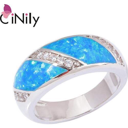 CiNily White & Blue Fire Opal Wide Couple Rings Silver Plated Love Ring With Stone Luxury Big Fully-Jewelled Gifts for Man Woman