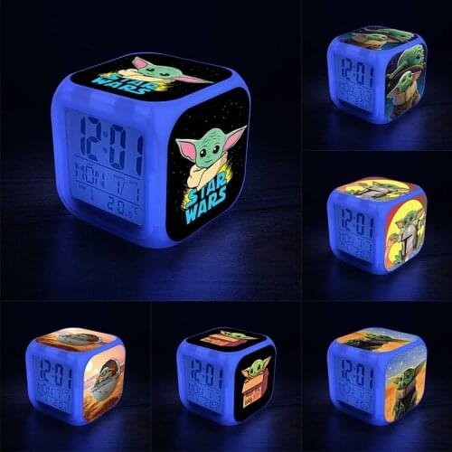 Disney Cartoon Toy Alarm Clock Baby Yoda 7 Colors Night Light Led Digital Alarm Clock Student Desk Clock with Thermometer