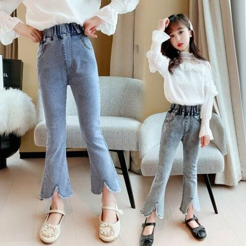 Girls Jeans 2021 Fall New Teenage Girl Solid Color Split Denim Pants Big Girl Long Trousers Children Clothing 4 6 8 10 12 14Year