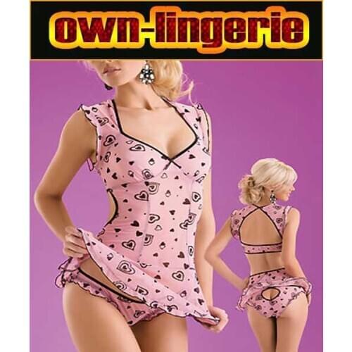 Two pieces pink babydoll nightie love heart printed backless pink mini babydoll erotic sexy lingeries