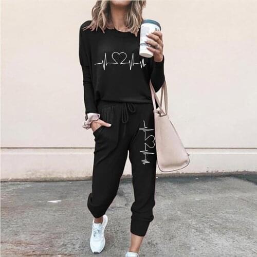 Women Tracksuit Print Long Sleeve and Black Pants Autumn Winter Suit Female Solid Color Casual Full Length Trousers Outfits 2021