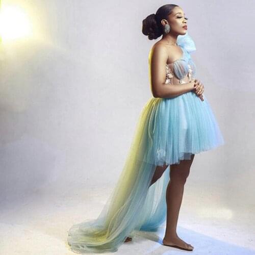 Pretty Sky Blue High Low Tulle Prom Gowns 3D Flower Crystal One Shoulder Long Women Dresses To Party