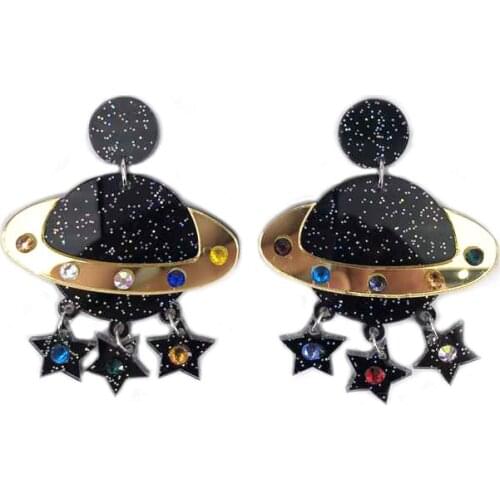 Fashion Punk Colorful Black Planet Shiny Stars Acrylic Earrings Women Exaggerated Universe Style Tassel Dangle Earrings Jewelry