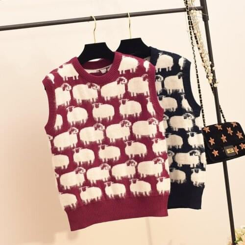 Autumn and winter new knitted vest women sleeveless round neck sweater sheep jacquard Korean pullover jacket casual all-match