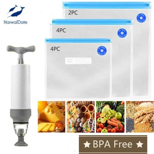 Vacuum Food Storage Bags 3 Sizes Hand Pump Kit Reusable Ultra Thick BPA Free Meal Pre Food Preservation Reusable Ziplock Bag