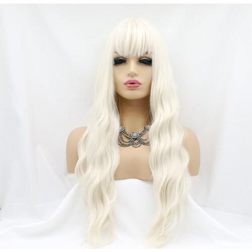 Melody Long White Curly Sytnhetic Wigs Platinum Blonde with Bang Heat Resistant Fiber Half Hand Tied Wig For Women 24"