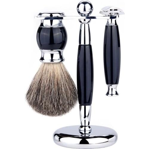 J78D Professional 3 In 1 Men Luxury Manual Shaving Kit Beard Cleaning Brush Metal Shaver Razor Stand Holder Hair Trimmer Tool