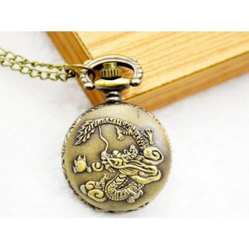 Retro Chinese Zodiac Bronze Dragon Pocket Watch with Pendant Necklace chain Quartz movement mens childr watches Relogio De Bolso