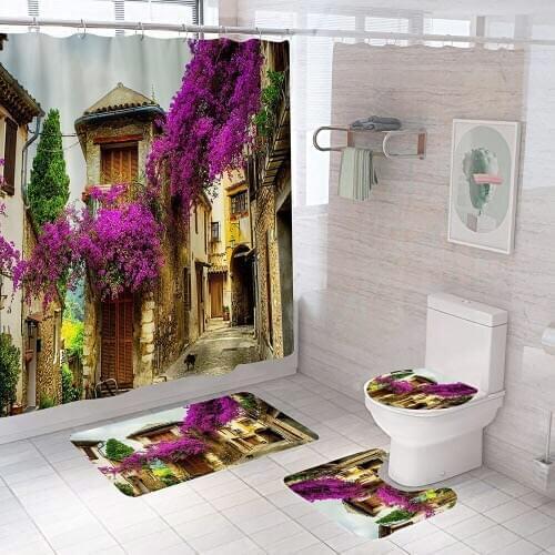 Purple Flower Romantic Cottage Shower Curtain Street Alley Bathroom Curtains Non-Slip Rugs Toilet Lid Cover and Bath Mat Carpet