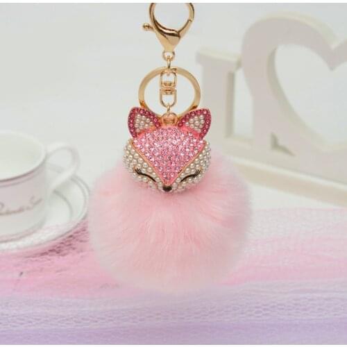Cute Mini Fox Fur Ball Keychain Handmade Fluffy Fur Pompom Ball Inlaid Rhinestone Lady Bag Accessories Car Key Ring Pendant