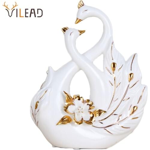 VILEAD Ceramic White Couple Peacock Figurines Swan Crafts Gold-Plated Statues Valentines Day Home Decoration Desk Accessories