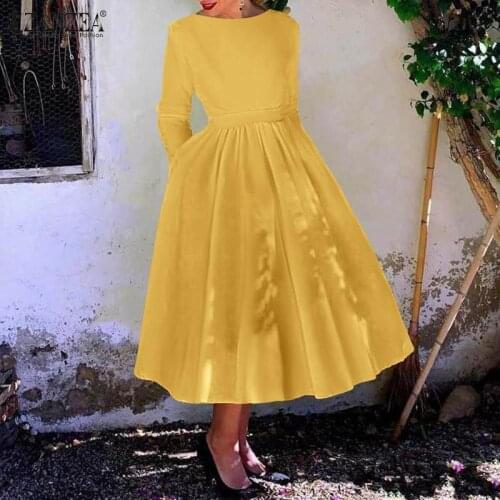 ZANZEA 2021 Women Dress Elegant Spring Autumn Midi Dresses Casual Solid Long Sleeve Sundress Oversized Female A-line Party Robe