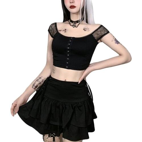 Women Summer Close-fitting Sexy Short Crop Tops Black Boat Neck Short Sleeve Lace Hem T-shirt, S/ M/ L