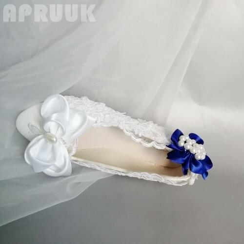 White bow lace flats shoes woman plus size 41 42 ladies flower girl royal blue pearls bridal wedding flats shoes bride
