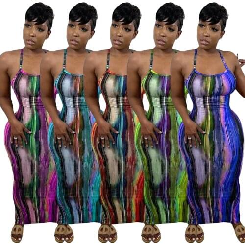 Fashion Tie Dye Print Halter Open Back Maxi Dress For Women Bodycon Sleeveless Splited Back Pencil Midi Long Dresses Summer 2021